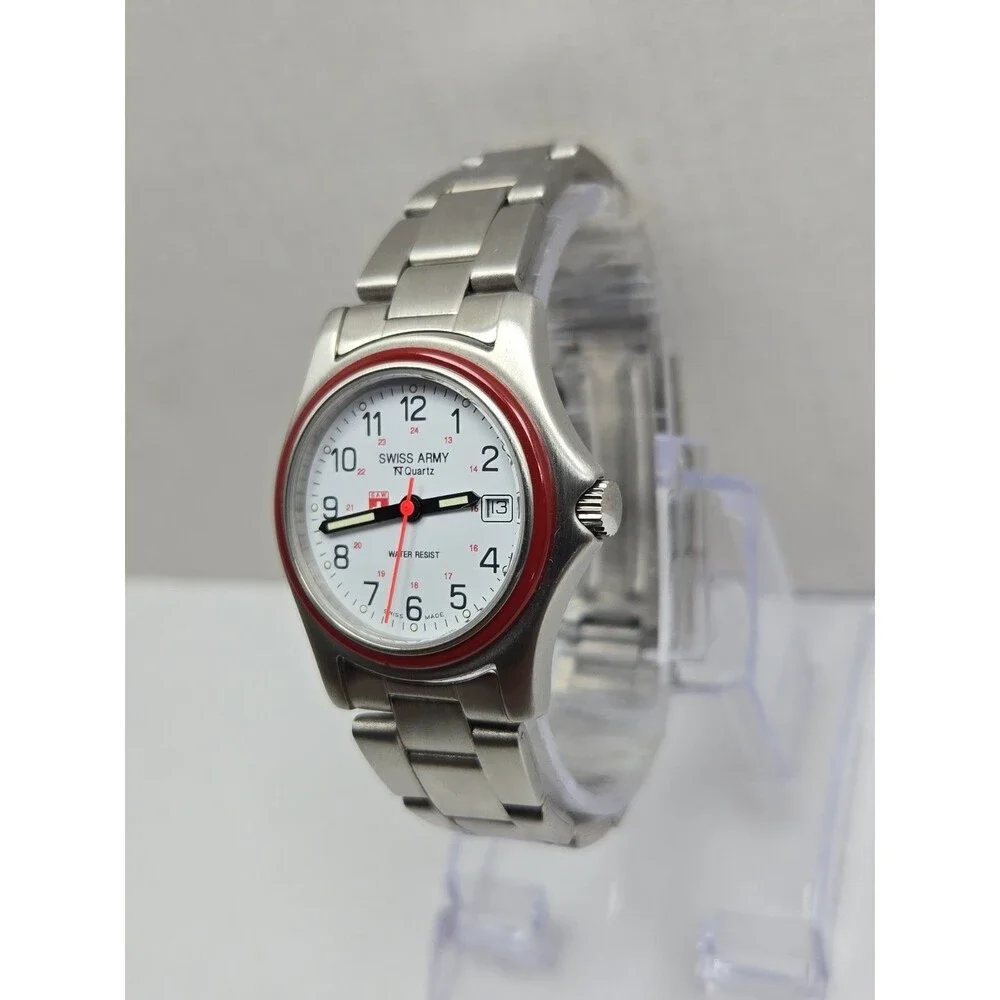 Vintage Swiss Army 1759 30mm Quartz Field Watch Red Bezel White Dial New Battery - Picture 2 of 11